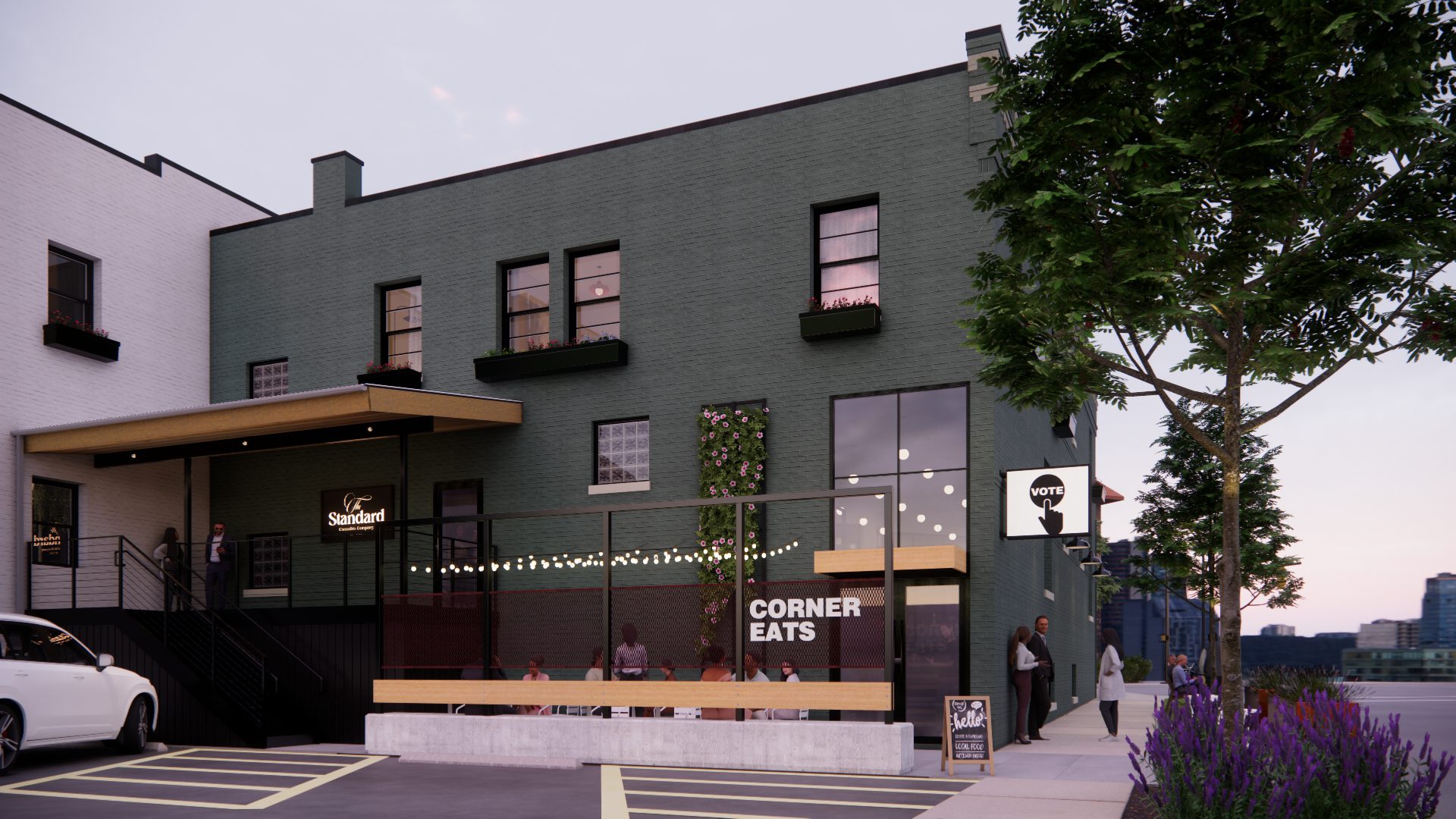 Back view rendering of Canterbury Monroe patio and commercial entrance