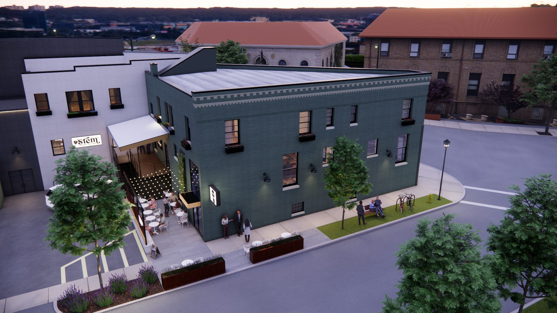 Aerial rendering of canterbury monroe complete with back patio