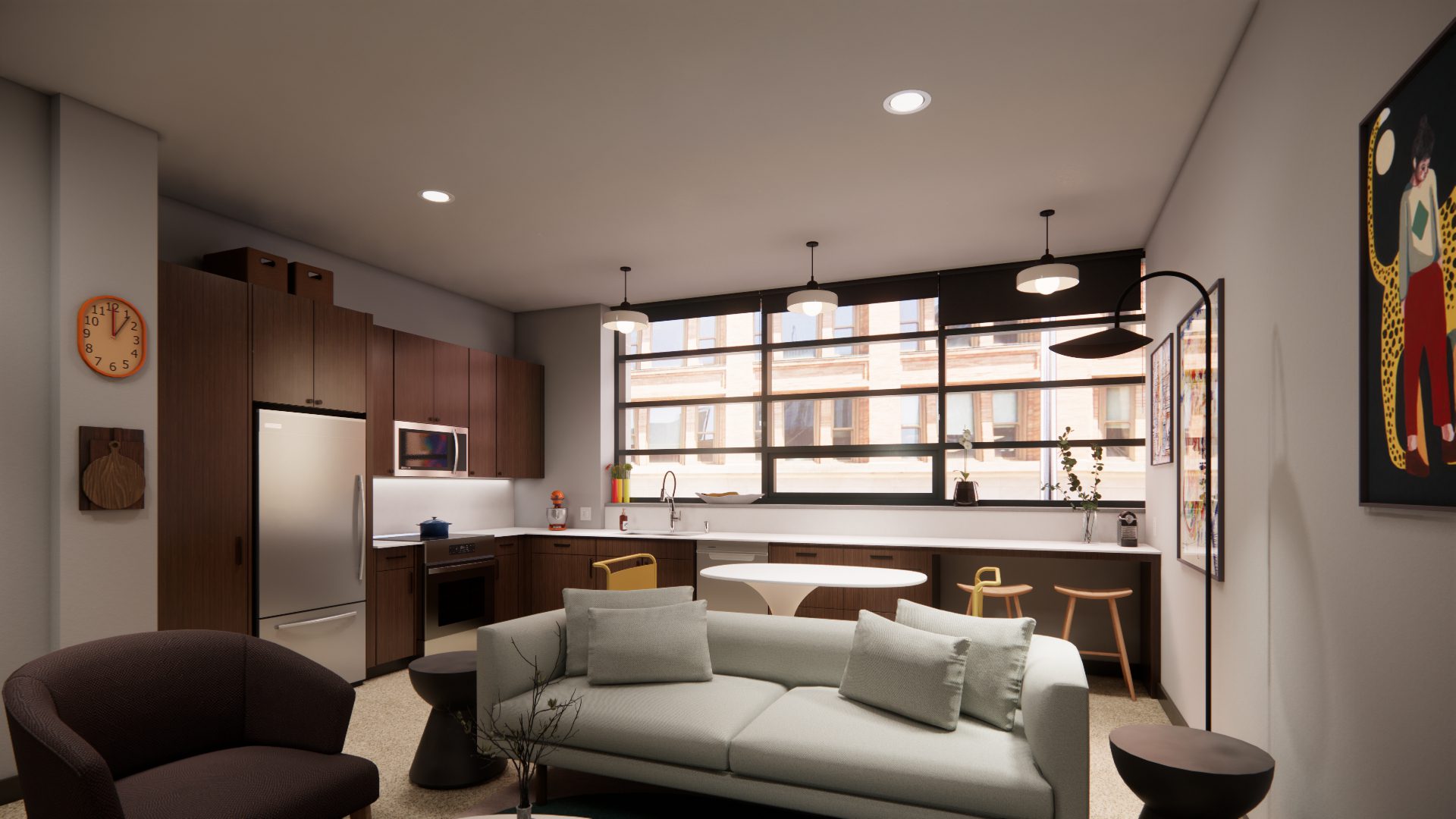 Noma lofts unit interior, kitchen with wood cabinets and white counter tops, banded windows and large couch 